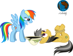 Size: 1514x1168 | Tagged: safe, artist:kellyak, daring do, rainbow dash, pegasus, pony, g4, bondage, female, grin, hogtied, imminent rape, lesbian, lying down, mare, obsession, on back, rapeface, ship:daringdash, shipping, smiling, tied up, wingboner