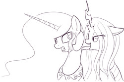 Size: 1223x814 | Tagged: safe, artist:mcsadat, princess celestia, queen chrysalis, g4, grayscale, licking, long tongue, monochrome, simple background, tongue out
