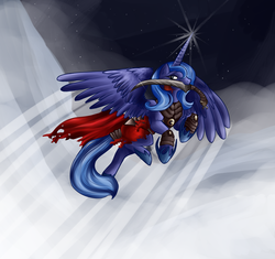 Size: 1558x1462 | Tagged: safe, artist:qwert5, princess luna, g4, armor, female, flying, mouth hold, prince of persia, solo, stars, sword, warrior luna, warrior within, weapon