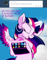 Size: 757x960 | Tagged: safe, artist:lustrous-dreams, twilight sparkle, alicorn, pony, ask filly twilight, g4, badge, cutie mark, female, gary motherfucking oak, gary oak, mare, pokémon, rainbow power, solo, tumblr, twilight sparkle (alicorn)