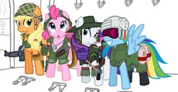 Size: 812x423 | Tagged: safe, applejack, pinkie pie, rainbow dash, rarity, g4, ar-15, clothes, grenade, gun, hat, helmet, knife, m14, m16, military, rifle, vietnam, vietnam war, weapon