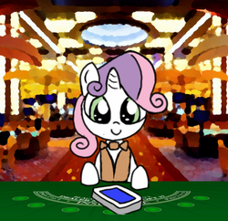 Size: 619x599 | Tagged: safe, artist:jryvn, sweetie belle, pony, unicorn, g4, blackjack, casino, fanfic art, female, filly, solo, underage