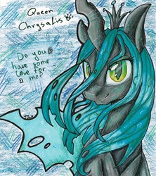 Size: 851x957 | Tagged: safe, artist:theorderofalisikus, queen chrysalis, changeling, changeling queen, g4, crown, female, jewelry, regalia, solo, traditional art