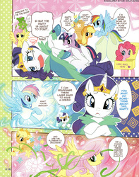 Size: 1280x1622 | Tagged: safe, artist:akira himekawa, applejack, fluttershy, pinkie pie, rainbow dash, rarity, twilight sparkle, g4, hoofy-kicks, mane six, manga, on back, pucchigumi, translation