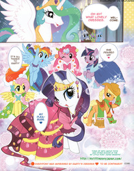 Size: 1280x1631 | Tagged: safe, artist:akira himekawa, applejack, fluttershy, pinkie pie, princess celestia, rainbow dash, rarity, spike, twilight sparkle, g4, butt, clothes, dialogue, dress, gala dress, mane seven, mane six, manga, plot, pucchigumi, translation