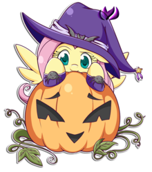 Size: 700x796 | Tagged: safe, artist:raininess, fluttershy, pegasus, pony, g4, clothes, costume, female, hat, horseshoes, jack-o-lantern, mare, pumpkin, simple background, solo, transparent background, witch hat