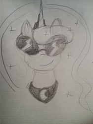Size: 667x889 | Tagged: safe, artist:breadcipher, princess luna, lunadoodle, g4, female, glasses, looking at you, monochrome, pencil drawing, photo, portrait, sketch, smiling, solo, sunglasses, traditional art