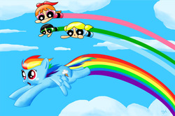 Size: 800x532 | Tagged: safe, artist:syggie, rainbow dash, g4, crossover, flying, rainbow trail, the powerpuff girls