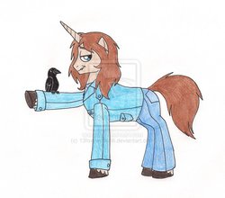 Size: 800x705 | Tagged: dead source, safe, artist:13foxywolf666, crow, apocalypse, clothes, deviantart watermark, jacket, jeans, obtrusive watermark, ponified, randall flagg, stephen king, the dark tower, the stand, traditional art, watermark