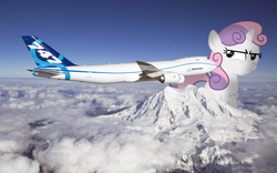 Size: 2560x1600 | Tagged: safe, artist:somerandomminion, artist:yetioner, sweetie belle, pony, unicorn, g4, boeing 747, boeing 747-8, evil smile, female, filly, foal, giant pony, giantess, highrise ponies, irl, jumbo jet, macro, mega sweetie belle, mount everest, mountain, photo, photoshop, plane, ponies in real life, solo