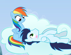 Size: 1023x796 | Tagged: safe, artist:rulette, rainbow dash, soarin', g4, blank flank, blushing, female, male, ship:soarindash, shipping, straight