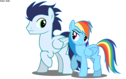 Size: 1500x950 | Tagged: safe, artist:asika-aida, rainbow dash, soarin', pegasus, pony, g4, double rainboom puppet, female, flirting, male, raised leg, seductive, ship:soarindash, shipping, simple background, smiling, straight, transparent background