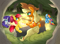 Size: 1280x938 | Tagged: safe, artist:madacon, apple bloom, applejack, rainbow dash, rarity, scootaloo, sweetie belle, pegasus, pony, unicorn, g4, apple sisters, belle sisters, campfire, camping, cutie mark crusaders, female, filly, foal, forest, guitar, mare, siblings, sisters, sitting, when you see it, wing blanket