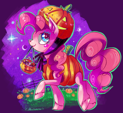 Size: 1929x1782 | Tagged: dead source, safe, artist:matrosha123, pinkie pie, g4, candy, clothes, costume, female, food, halloween, holiday, jack-o-lantern, mouth hold, nightmare night, pumpkin, raised hoof, solo, unshorn fetlocks, walking