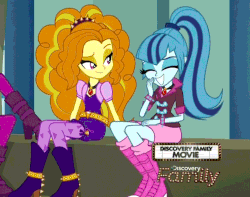 Size: 743x585 | Tagged: safe, screencap, adagio dazzle, aria blaze, sonata dusk, equestria girls, g4, my little pony equestria girls: rainbow rocks, discovery family, discovery family logo, gif, non-animated gif, sitting, the dazzlings