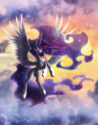 Size: 3172x4028 | Tagged: safe, artist:shaadorian, princess celestia, alicorn, pony, g4, :3, alternate hairstyle, female, flying, necklace, princess lunestia, solo, tribal