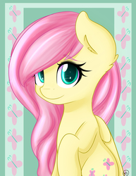 Size: 2700x3500 | Tagged: dead source, safe, artist:natalashake, fluttershy, pegasus, pony, abstract background, cute, cutie mark, ear fluff, eyebrows, eyebrows visible through hair, female, fluttershy's cutie mark, folded wings, looking at you, mare, raised hoof, shyabetes, signature, sitting, solo, wings