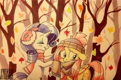 Size: 1280x847 | Tagged: dead source, safe, artist:frenky-chan, fluttershy, rarity, g4, autumn, clothes, earmuffs, hat, scarf
