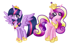 Size: 4072x2511 | Tagged: safe, artist:zoevulpez, princess cadance, twilight sparkle, alicorn, pony, g4, alternate hairstyle, female, mare, new crown, older, twilight sparkle (alicorn)