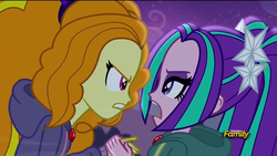 Size: 1280x720 | Tagged: safe, screencap, adagio dazzle, aria blaze, equestria girls, g4, my little pony equestria girls: rainbow rocks, clothes, discovery family, discovery family logo, eye contact, holding hands, hoodie, out of context