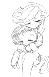 Size: 599x939 | Tagged: safe, artist:yajima, applejack, rarity, g4, grayscale, hug, monochrome