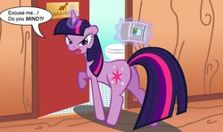 Size: 500x296 | Tagged: safe, artist:shachza, twilight sparkle, pony, unicorn, g4, angry, bathroom, butt, cropped, female, glare, looking at you, looking back, magic, need to poop, newspaper, open mouth, plot, potty time, raised hoof, solo, telekinesis, toilet, twilight sparkle is not amused, unamused, unicorn twilight