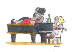 Size: 1788x1287 | Tagged: safe, artist:bobthedalek, oc, oc only, oc:mixed melody, oc:octavia's father, oc:octavia's mother, oc:ostinato melody, earth pony, pony, alcohol, champagne, clothes, dress, duo, female, glass, male, musical instrument, oblivious, paper, piano, quill, unamused, wine