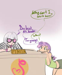 Size: 750x900 | Tagged: safe, artist:moronsonofboron, photo finish, sweetie belle, human, g4, desk, german, grammar error, humanized, pen, talking, writing