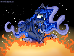 Size: 1100x825 | Tagged: safe, artist:neoncel, princess luna, g4, female, sitting, solo, sun, sweat, tangible heavenly object