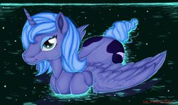 Size: 3540x2088 | Tagged: safe, artist:mlpdarksparx, princess luna, g4, bathing, both cutie marks, female, floating, high res, s1 luna, smiling, solo, spread wings, water