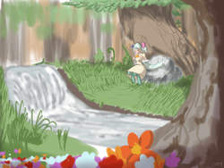 Size: 1200x900 | Tagged: safe, artist:moronsonofboron, oc, oc only, oc:hope, satyr, clothes, dress, eyes closed, flower, forest, musical instrument, ocarina, parent:lyra heartstrings, river, rock, scenery, sitting, solo, sundress, tree