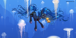 Size: 1280x640 | Tagged: safe, artist:nyatuxi, princess luna, alicorn, fish, jellyfish, pony, g4, blue background, blue eyes, blue mane, blue tail, bubble, crepuscular rays, crown, cute, digital art, ethereal mane, ethereal tail, eye clipping through hair, feather, female, flowing mane, flowing tail, folded wings, glowing, happy, holding breath, hoof shoes, horn, jewelry, long horn, looking at each other, looking at someone, mare, ocean, peytral, puffy cheeks, regalia, seaweed, signature, simple background, smiling, solo, sunlight, swimming, tail, underwater, water, wings