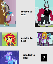 Size: 675x810 | Tagged: safe, adagio dazzle, aria blaze, discord, lord tirek, sonata dusk, sunset shimmer, trixie, equestria girls, g4, my little pony equestria girls: rainbow rocks, antagonist, comparison, hilarious in hindsight, question mark, the dazzlings