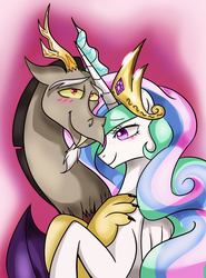 Size: 558x756 | Tagged: safe, artist:aurora-chiaro, artist:gigandjett, discord, princess celestia, alicorn, draconequus, pony, g4, bedroom eyes, blushing, female, lidded eyes, love, male, relaxed, romance, romantic, ship:dislestia, shipping, straight, when i first laid eyes upon the sun