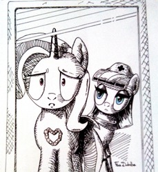 Size: 1175x1280 | Tagged: safe, artist:foudubulbe, maud pie, trixie, pony, unicorn, comic:damp rocks, g4, band-aid, female, hat, heart, lesbian, mare, mirror, nurse hat, ship:mauxie, shipping, traditional art