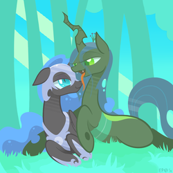 Size: 3516x3516 | Tagged: safe, artist:b-epon, nightmare moon, queen chrysalis, alicorn, changeling, changeling queen, pony, g4, bedroom eyes, cuddling, female, floppy ears, grass, high res, hug, lesbian, licking, looking at each other, mare, open mouth, prone, ship:chrysmoon, shipping, smiling, snuggling, tongue out