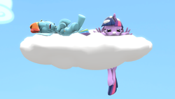 Size: 1280x720 | Tagged: safe, artist:fruitymilk, rainbow dash, twilight sparkle, alicorn, pony, g4, 3d, cloud, eyes closed, female, frown, laughing, mare, on back, open mouth, prone, sky, smiling, source filmmaker, twilight sparkle (alicorn), unamused