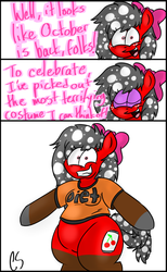 Size: 829x1345 | Tagged: safe, artist:thecherrysodaaskblog, oc, oc only, oc:cherry soda, tumblr:thecherrysodaaskblog, ask, chubby, clothes, costume, freckles, halloween, hips, nightmare night, october, shirt, shrunken pupils, tumblr