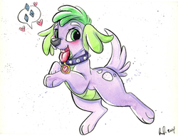 Size: 1104x842 | Tagged: safe, artist:prettypinkpony, spike, dog, equestria girls, g4, blushing, collar, cute, cutie mark, heart, looking at you, male, open mouth, smiling, solo, species swap, speech bubble, spike the dog, tongue out, traditional art