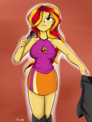Size: 1200x1600 | Tagged: safe, artist:dinobirdofdoom, sunset shimmer, equestria girls, g4, my little pony equestria girls: rainbow rocks, breasts, clothes, female, microphone, scene interpretation, skirt, solo, sunset shimmer's skirt, the coats are off, welcome to the show