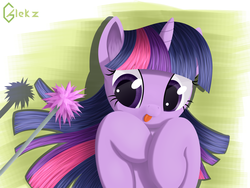 Size: 2000x1500 | Tagged: safe, artist:galekz, twilight sparkle, pony, unicorn, g4, :p, behaving like a cat, cute, daaaaaaaaaaaw, eyes on the prize, feather wand, female, hoof on chest, mare, on back, pet play, pettwi, pony pet, smiling, solo, tongue out, twiabetes, twilight cat, unicorn twilight, weapons-grade cute