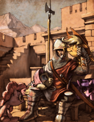 Size: 2550x3300 | Tagged: safe, artist:lordgood, applejack, fluttershy, pinkie pie, twilight sparkle, human, g4, armor, chainmail, cute, detailed, high res, mount and blade, petting, poleaxe, scabbard, sword