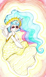 Size: 1744x2912 | Tagged: dead source, safe, artist:jellybeanmouse, princess celestia, g4, clothes, dress, eyes closed, female, solo
