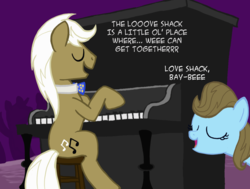 Size: 1200x906 | Tagged: safe, artist:ah-darnit, beauty brass, frederic horseshoepin, earth pony, pony, g4, background pony, dialogue, duo, eyes closed, female, love shack, lyrics, male, mare, musical instrument, open mouth, piano, song reference, stallion, text, the b-52s