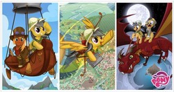 Size: 488x259 | Tagged: artist needed, safe, brumby cloverpatch, daring do, gallant true, knuckerbocker, dragon, pony, daring do adventure collection, daring do and the eternal flower, daring do and the forbidden city of clouds, daring do and the marked thief of marapore, g4, official, airship, arrow, bow (weapon), female, g.m. berrow, male, mare, quiver, stallion, sword