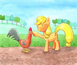 Size: 4708x3987 | Tagged: safe, artist:maran-zelde, applejack, chicken, g4, applejack appreciation day, petting, traditional art