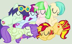 Size: 757x471 | Tagged: safe, artist:imtailsthefoxfan, blueberry cake, drama letter, mystery mint, starlight, sunset shimmer, tennis match, watermelody, pony, g4, background human, folded wings, snuggling