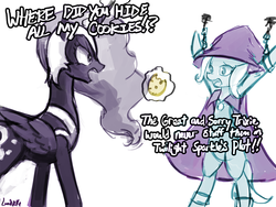 Size: 960x720 | Tagged: safe, artist:lumineko, nightmare moon, princess luna, trixie, pony, unicorn, g4, 30 minute art challenge, bondage, chains, cookie, dreamluna, female, implied anal insertion, implied insertion, lesbian, levitation, luxie, magic, mare, shipping, suspiciously specific denial, the weak and powerless trixie, wat