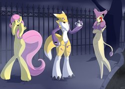 Size: 2100x1500 | Tagged: safe, artist:helixjack, fluttershy, oc, delcatty, human, renamon, anthro, g4, arm hooves, belly button, clothes, commission, cosplay, costume, crossover, digimon, encasement, halloween, latex, living suit, pokémon, rubber