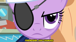 Size: 719x404 | Tagged: safe, screencap, twilight sparkle, g4, caption, eyepatch, female, konami, metal gear, metal gear solid 4, solo, yellow text